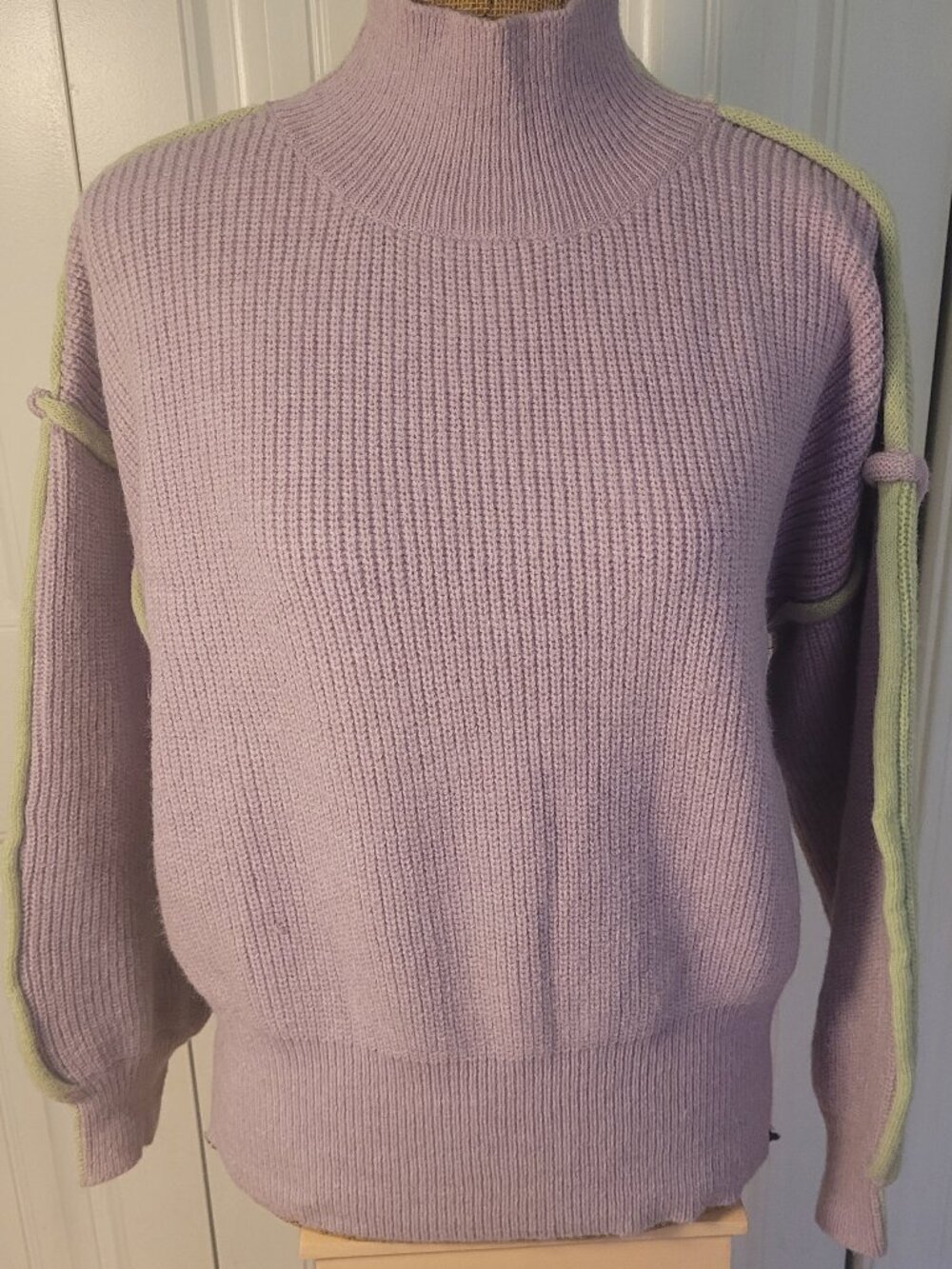 MITTOSHOP Sweater, Mock Neck Color Block Pullover, NWOT, S - Lilac & Soft Green